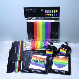 15 Pc PRIDE Body Rage Accessory Bundle Flags Banner Necklace Temp Tattoos